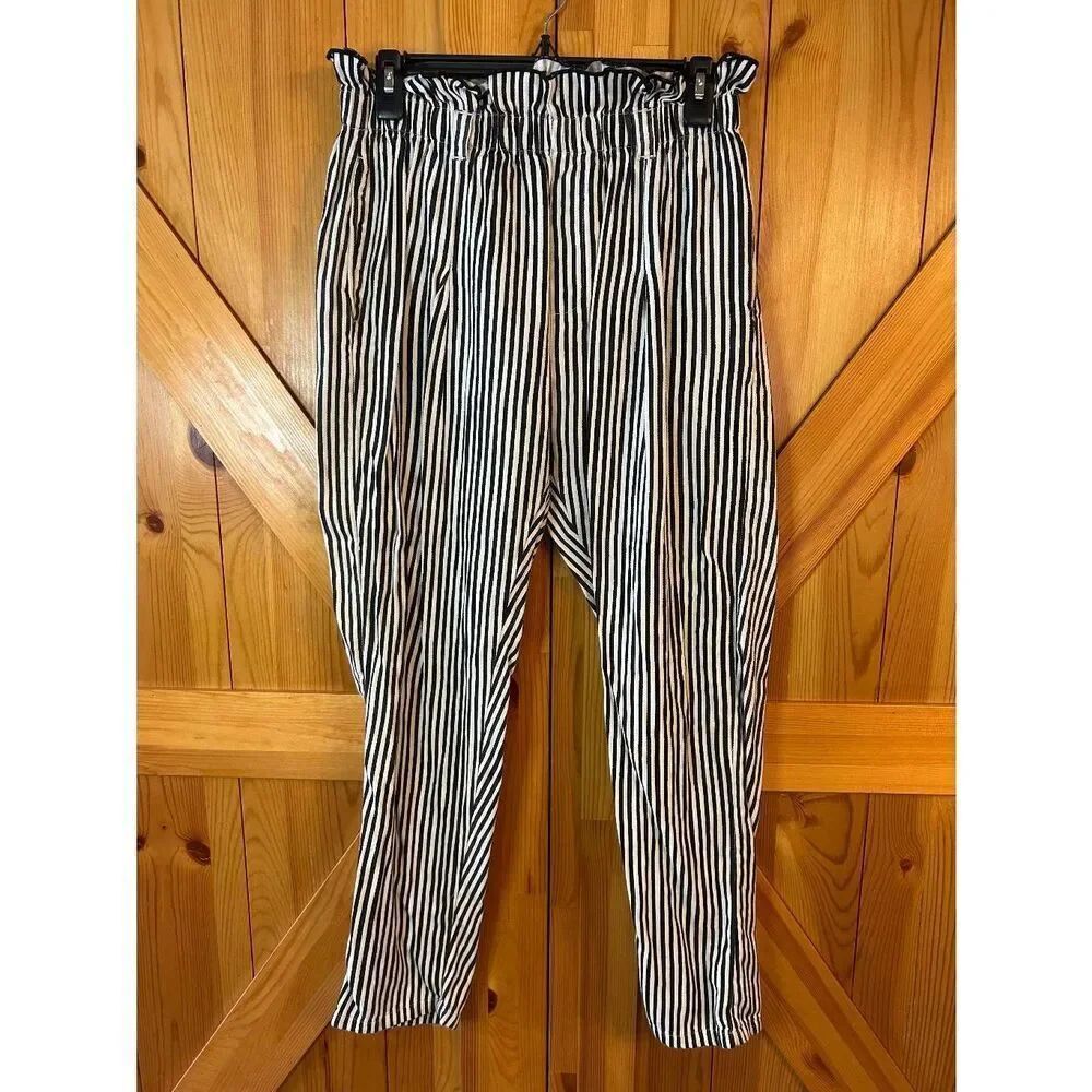 Billabong Black Flowy White Stripe Pull On Pants Ruffled Waist Size Medium (8996
